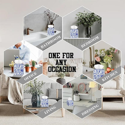 OHEGBXE Tissue Box Holder Watercolor Blue Flowers Square Leather Tissue Box Cover Modern Cube Facial Paper Cover Case for Bathroom Vanity Countertop Night Stands Tabletop