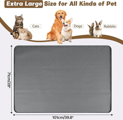 Bartuke Cat Food Mat, 40" x 28" Extra Large Silicone Pet Feeding Mat with Raised Edge Pet Placemat for Food and Water Bowl Non-Slip, Easy to Clean, Floor Protection (Dark Grey)