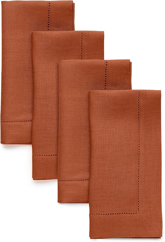 Solino Home Linen Napkins Set of 4 - Classic Hemstitch 100% Pure Linen Cinnamon Dinner Napkins Cloth 20 x 20 Inch for Winter - Handcrafted and Machine Washable
