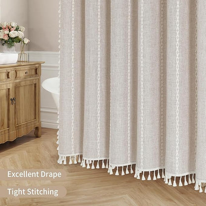 MitoVilla Boho Extra Long Shower Curtain 72 x 96, Taupe Modern Farmhouse 96 inch XL Polyester Linen Texture Tassel Fabric Shower Curtain Set with Hooks for Cottagecore Country Bathroom Decor,Taupe