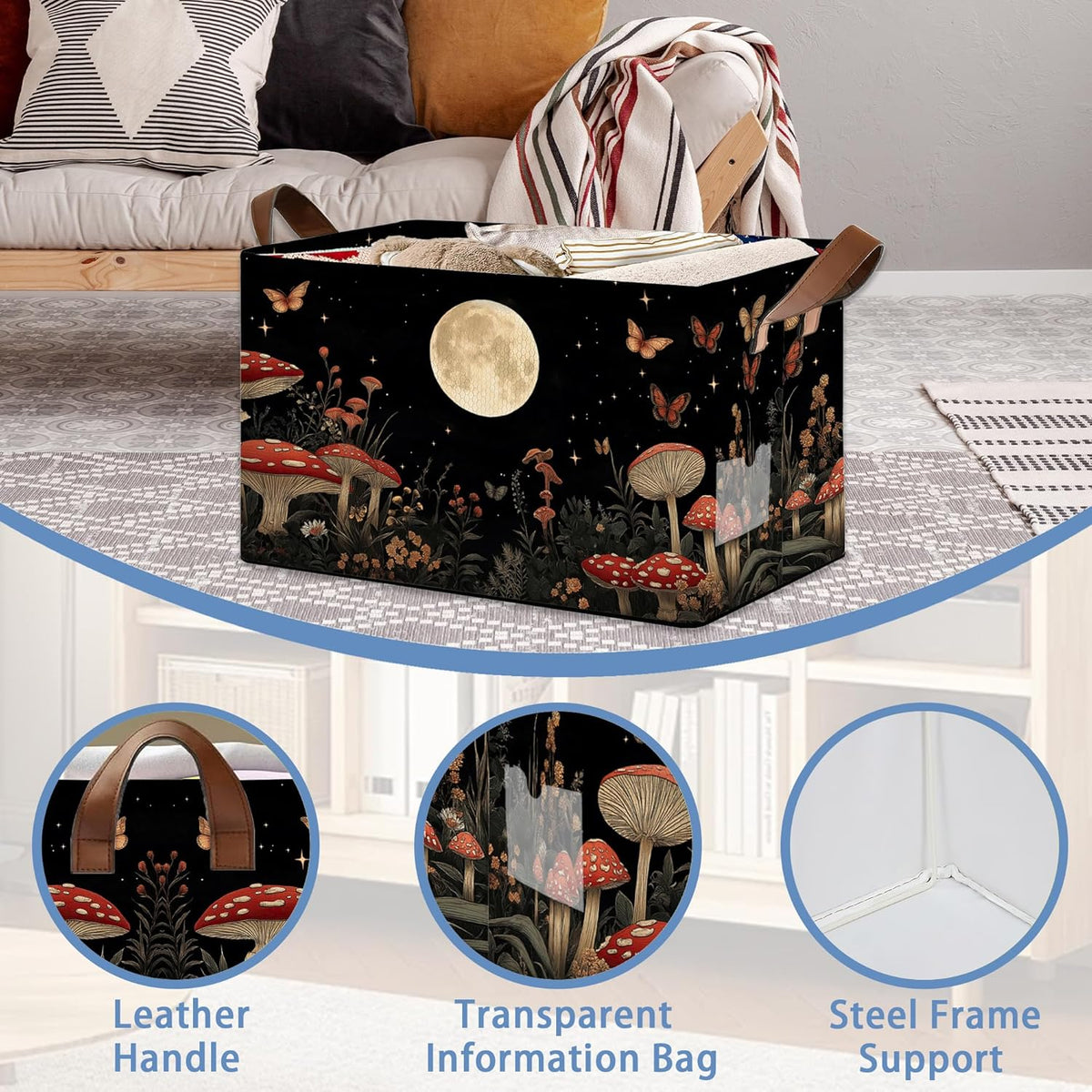 Mushroom Moon Storage Baskets,Butterfly Plants Foldable Organizer Bin with Handles for Home Living Room Bedroom Closet Box 17x11.5x10Inch