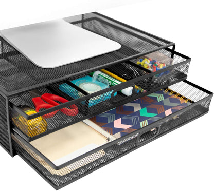 MOUNT-IT! Computer Monitor Stand With Drawers, Metal Mesh Riser and Organizer for Laptops and Computer Screens, Laptop, and Printer Accessories and Office Supplies (Black)