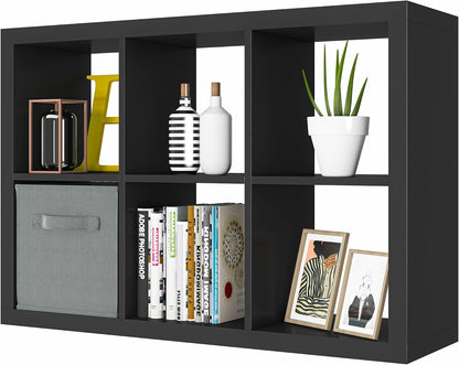 furtble Bookshelf with Storage Bins, 6 Cube Storage Organizer, Modern Wood Bookcase, Multifunctional Display Shelf for Living Room (Matte Black, 6 Cube)