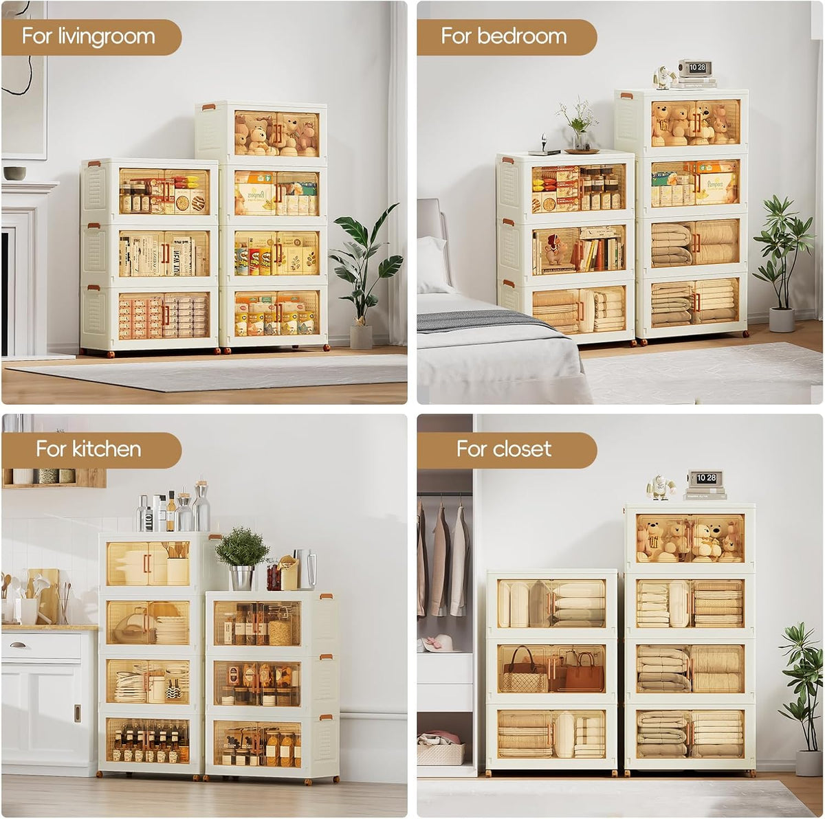 JEKO&JEKO 432 Qt Plastic Storage Bins with Lids, Doors & Wheels, 4 Pack Extra Large Stackable Collapsible Storage Cabinets and Closet Organizers for Home Office, Cream