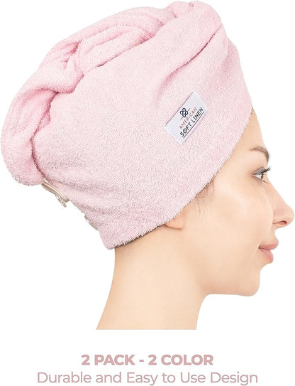 American Soft Linen 100% Cotton Hair Towels for Women, Head Towel Cap, Cotton Hair Turban Towel Wrap for Long Curly Anti Frizz Hair, Soft and Absorbent Cotton Hair Towels 2 Pack, Sky Blue-Pink