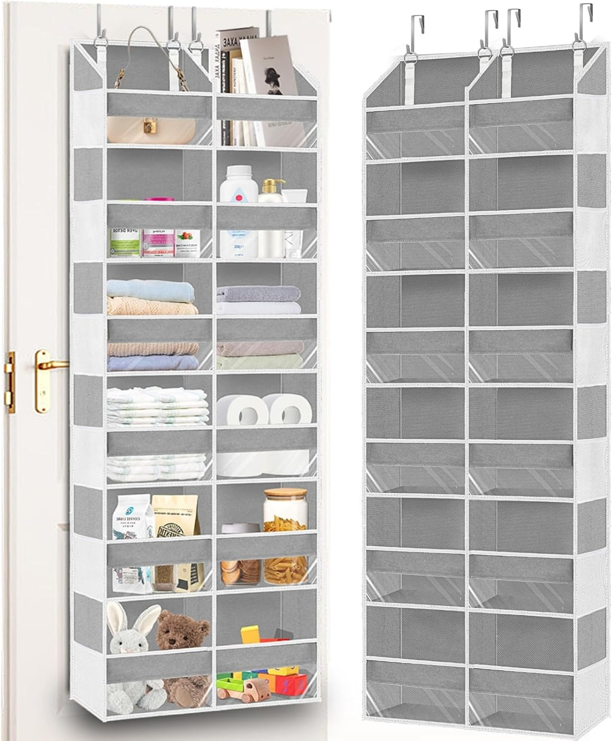 Over The Door Organizer 6 Tiers, Extra Large Behind Door Storage of 12 Compartments, 80 lbs Weight Capacity Hanging Storage Organizer with Clear Window Kids Toys,Shoes,Diapers,Room Storage,Light Grey