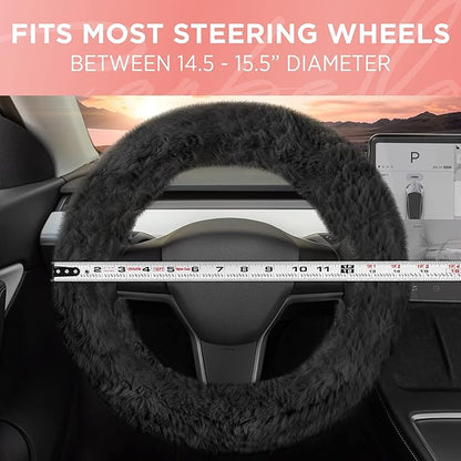 Carbella Aspen Black Fuzzy Steering Wheel Cover for Women ‚Äì Cute and Stylish Fluffy Fur Steering Wheel Cover for Cars Trucks Vans SUVs, Universal Fit for Wheel Sizes 14.5 to 15.5 inches