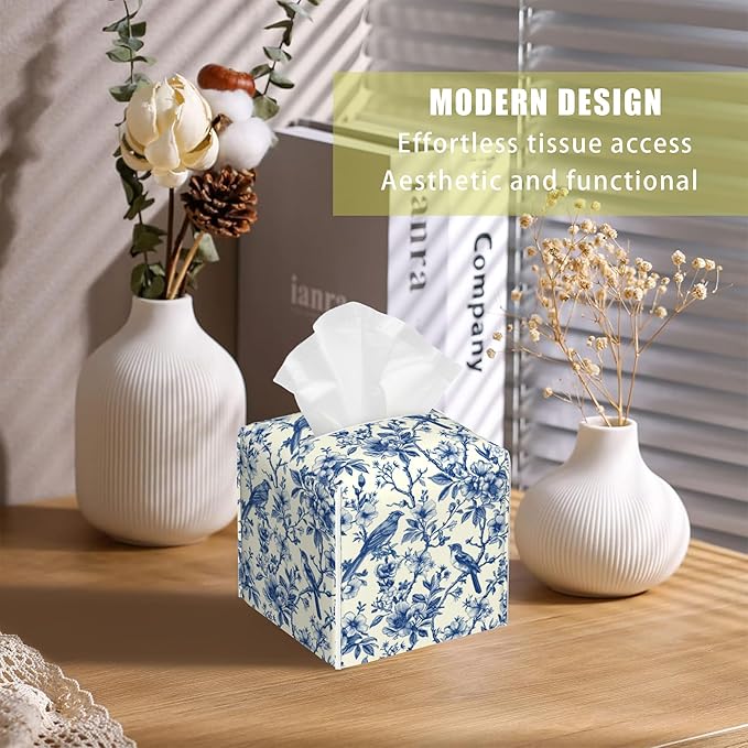 BLYKVGHQ Bird on Blooming Branches Tissue Box Cover Square, Blue Flower Tissue Box Holder with Bottom Belt Leather Facial Paper Organizer Dispenser for Bathroom Bedroom Dresser Night Stand Tabletop