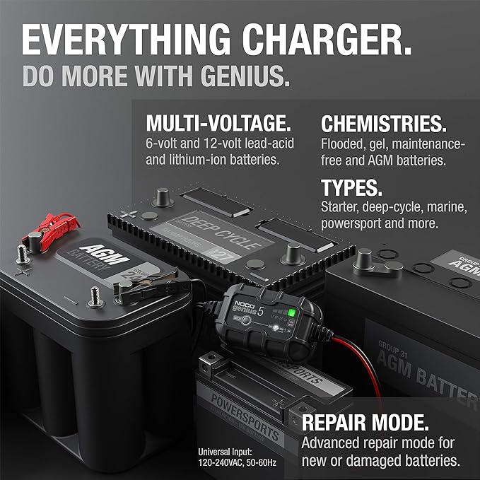 NOCO GENIUS5: 5A 6V/12V Smart Battery Charger – Automatic Maintainer, Trickle