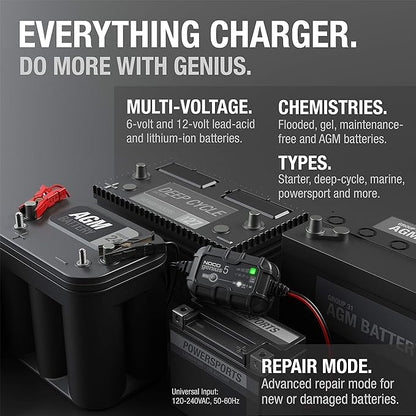 NOCO GENIUS5: 5A 6V/12V Smart Battery Charger – Automatic Maintainer, Trickle