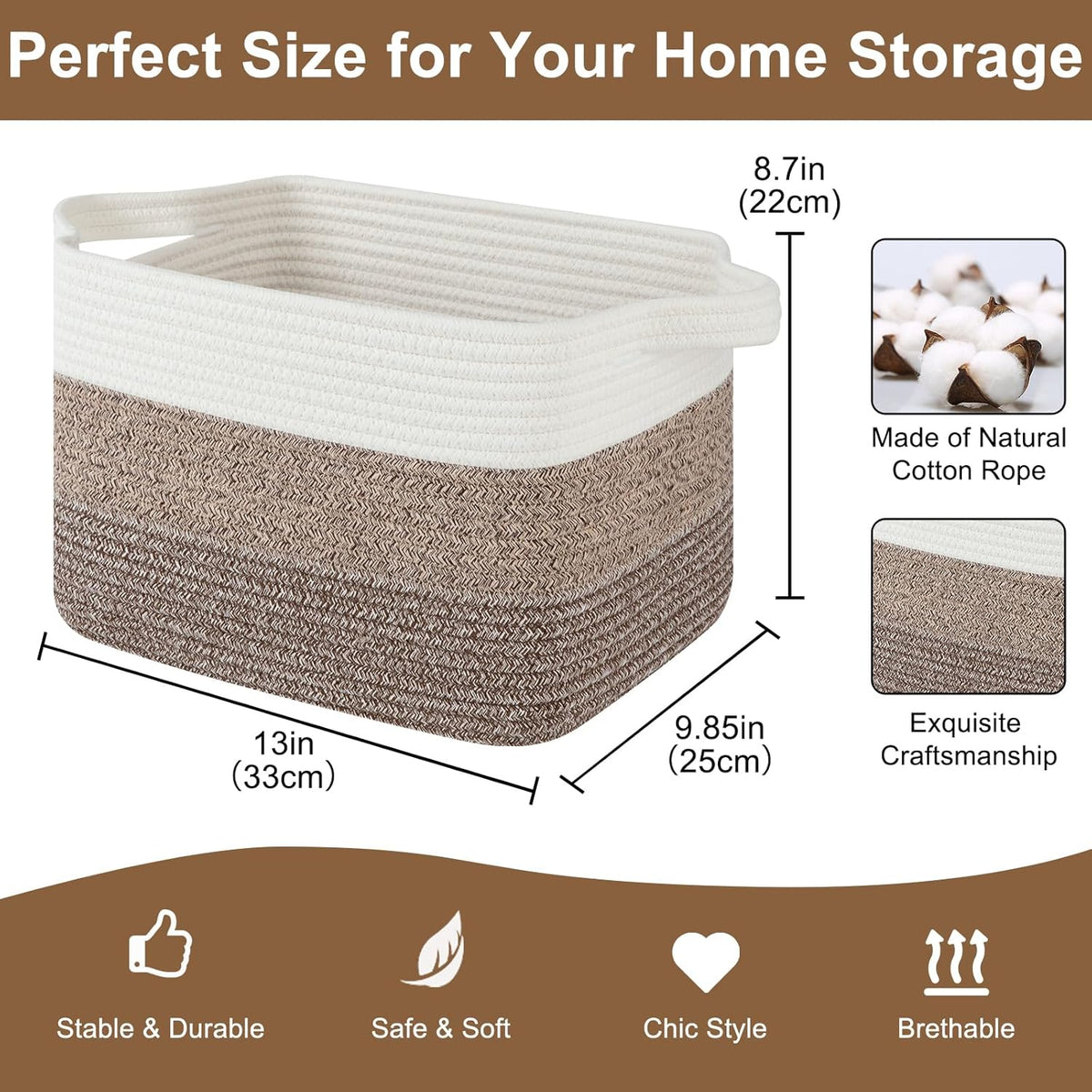 Storage Basket for Organizing, Woven Baskets for Storage, Rectangle Decorative Baskets for Shleves, Closet, Toys, Book, Nursery Organizer Bins - Pack of 3 (Gradient Dark Brown, 13"x9.85"x8.7")