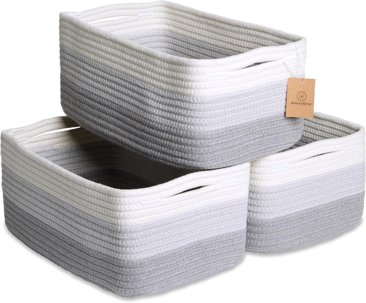 NaturalCozy 13.5”x8.5”x5.5” Rectangle Storage Baskets for Shelves 3 Pack | Cotton Rope Woven Small Baskets for Organizing | Small Storage Bins for Nursery, Bathroom, Closet, Shelf, Decorative
