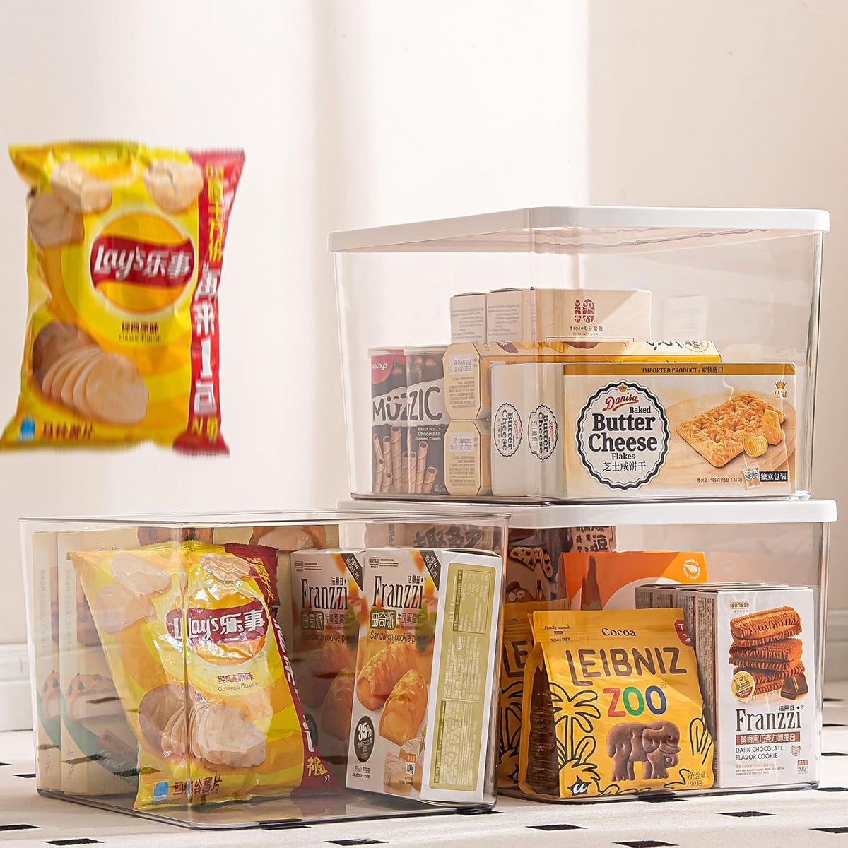 Clear plastic storage bins with LIDS-3packs,storage containers for snacks, cosmetics, books, dog food, Storage Organizer for Nursery，Kitchen, Living room,Bedroom, Bathroom, Office (Clear-White Lid)