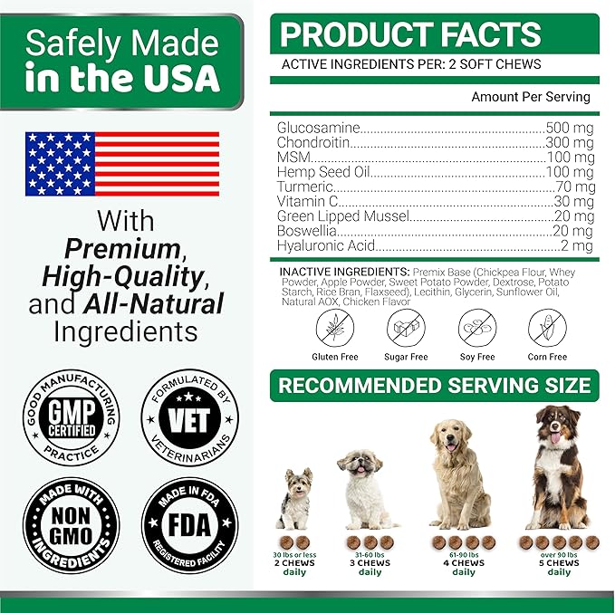 YUMA'S Hemp Hip and Joint Supplement for Dogs - Glucosamine for Dogs - 170 Joint Pain Relief Chews - Chondroitin, MSM - Hemp Oil - Advanced Canine Health Supplement - Mobility Support Treats