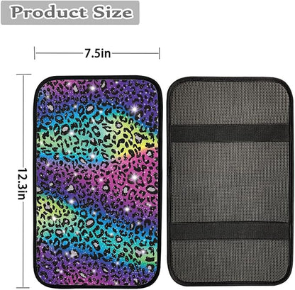 Coldinair Rainbow Glitter Leopard Print Car Center Console Pad Soft Armrest Protector Cover Fit for Most Vehicle,SUV,Truck,Wild Cheetah Car Interior Accessories Decor
