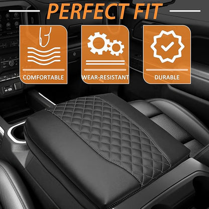 1.2in Thickness Center Console Cover for Chevy Silverado/GMC Sierra 1500 Accessories 2019-2025 2026, Tahoe & Suburban & Yukon 2021-2026 Armrest Cover Leather Cushion Protector Pad Bucket Seat (Black)