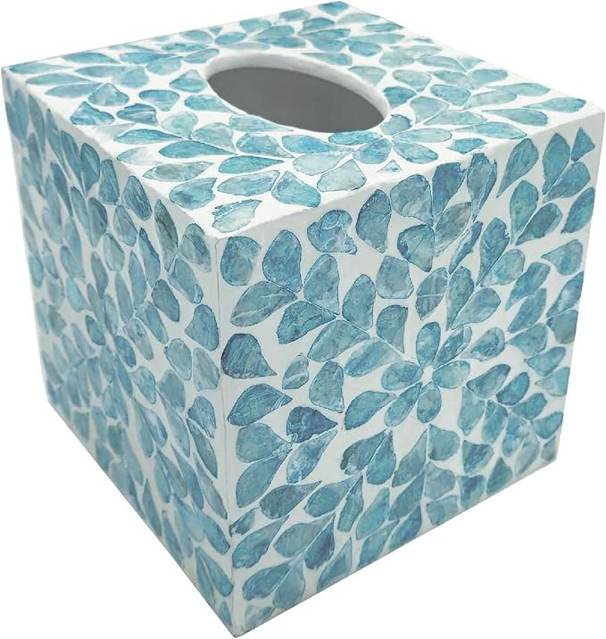 PEMAR Handcrafted Wooden Tissue Box Cover for Small Cube Tissue Boxes Only (Max Inner Size 4.7”) – Capiz Shell Inlay Decorative Tissue Holder for Bathroom, Living Room & Office (Teal Vines)