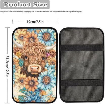Suobstales Boho Mandala Highland Cattle Print Car Armrest Pad Soft Center Console Arm Rest Protector Cover Universal Car Interior Accessories Decoration