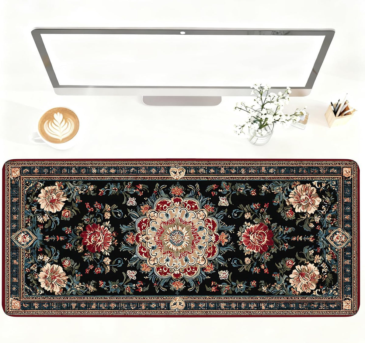 Vintage Persian Carpet Mouse Pad – Large Extended Desk Mat 35.43 x 15.75 in – Oriental Floral Rug Design, Non-Slip Rubber Base, Stitched Edges, Soft Keyboard & Mouse Mat for Office or Gaming