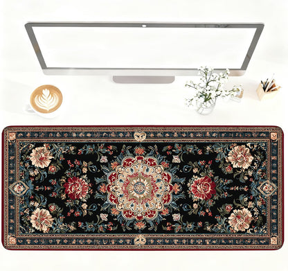 Vintage Persian Carpet Mouse Pad – Large Extended Desk Mat 35.43 x 15.75 in – Oriental Floral Rug Design, Non-Slip Rubber Base, Stitched Edges, Soft Keyboard & Mouse Mat for Office or Gaming