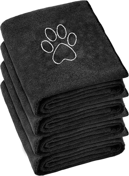 Chumia 4 Pack Dog Towels for Drying Large Microfiber Grooming Tools Absorbent Soft Bath Supplies with Embroidered Paw for Small Medium Pet Products(16 x 32 Inch,Black)