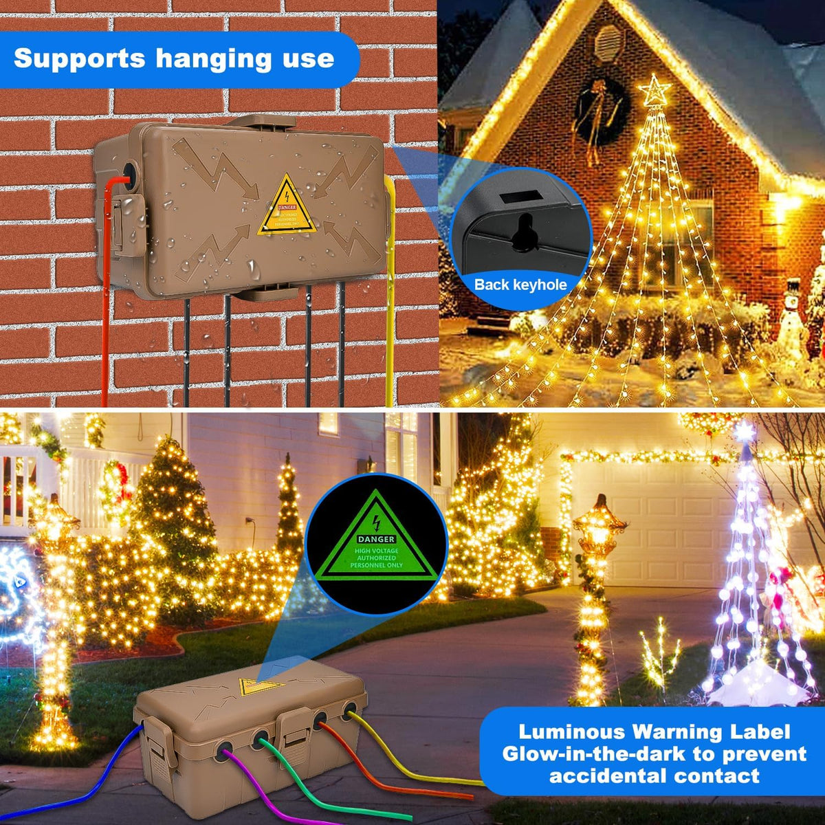 Hrensaw Medium Outdoor Electrical Box(10.6x5.5x4.5inch),Weatherproof Connection Box w/6 Cable Entry,IP54 Waterproof Extension Cord Cover Protect Power Strip,Timer,Plug,Holiday Lights,Brown