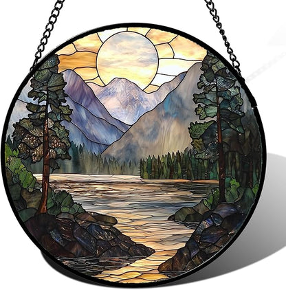 AMDERVEN Stained Glass Window Hanging, Sunset Mountains Lake Tree Sun Catcher