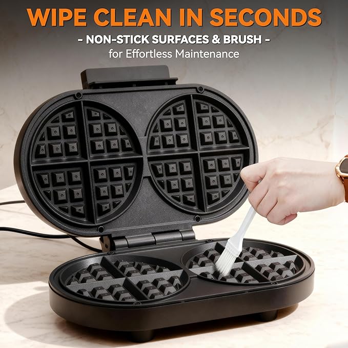 Baker’s Friend Double Belgian Waffle Maker Thick, 2 X 6” Round Waffle Maker