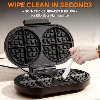 Baker’s Friend Double Belgian Waffle Maker Thick, 2 X 6” Round Waffle Maker