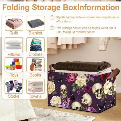 Purple Flower Skeleton Storage Bins with Handles, Collapsible Storage for Clothes, Gift Basket, Blankets & Closet Organization