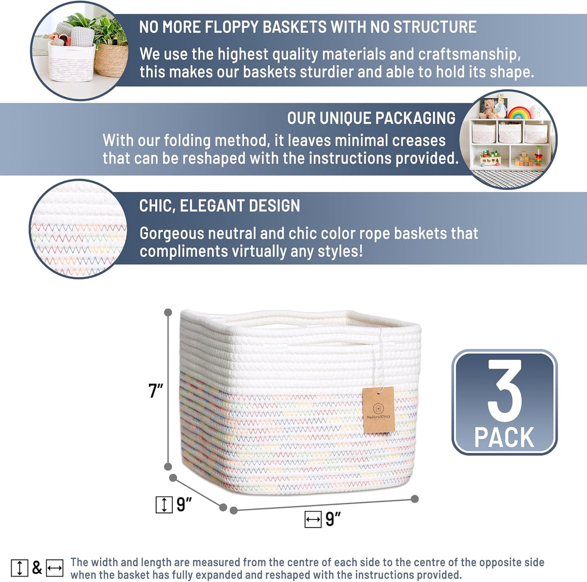 NaturalCozy Storage Cubes 9”x9”x7”Cotton Rope Woven Baskets for Organizing 3-Pack | 9 Inch Cube Storage Bin | Small Basket for Shelf Nursery, Pantry, Decorative Plant, Bathroom Closet, Toy Gift