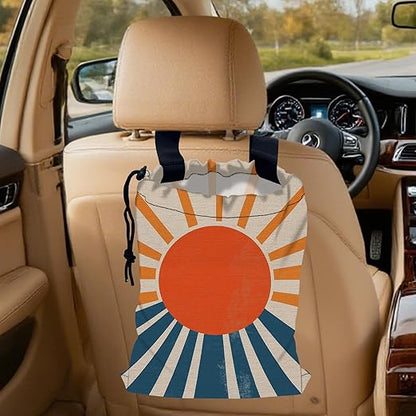 Vintage Sunburst Car Garbage Bag, Small Car Trash Bag Hanging Back of Seat,Drawstring Car Trash Bag with Adjustable Buckle,Car Accessories for Camping Travelling