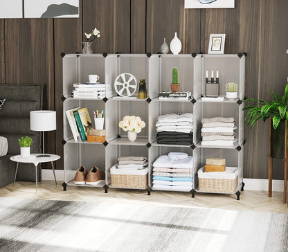 AWTATOS Cube Storage Organizer Storage 12 Cube Bookshelf DIY Plastic Closet Storage Shelves with Wooden Mallet, Ideal Storage Solution for Home, Bedroom, Translucent White