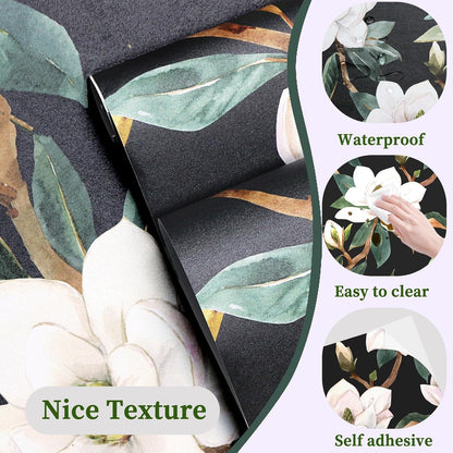 HAOKHOME Floral Shelf Liner and Cabinet Liner, Self-Adhesive Drawer Liners, Peel and Stick Contact Paper for Kitchen Cabinets and Cupboard, Bathroom Drawers, Black/White/Green 17.3in x 6.5ft