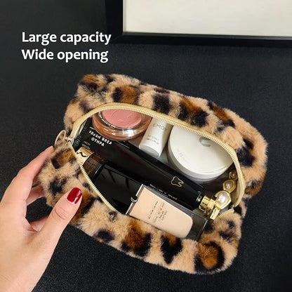 STARDW Leopard Print Makeup Bag - Plush Faux Fur Travel Cosmetic Pouch with Zipper