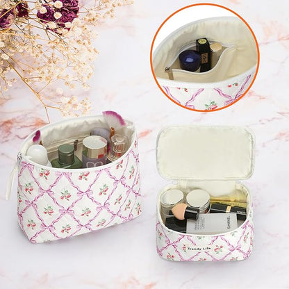 HAOGUAGUA 2 Pieces Makeup Bag, Small Large Quilted Cosmetic Bag, Travel Floral Make Up Toiletry Organizer Bag for Women Girls (2PCS STYLE B-4)