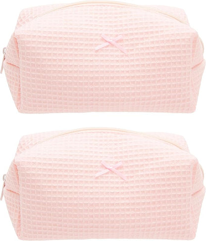 PAZIMIIK 2PCS Cozy Makeup Bag Travel Cosmetic Bag for Women Soft Toiletry Bag Aesthetic Makeup Organizer Portable Large Zipper Pouch for Skincare Beauty Accessories Brushes Waffle Check Light Pink
