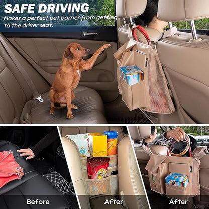 Car Seat Back Organizer, Net Purse Hangbag Holder for Car, Auto Driver Or Passenger Accessories Organizer, Vehicle Console Caddy, Personal Travel Storage Bag for Pet Kids Adults, Pu Leather Beige