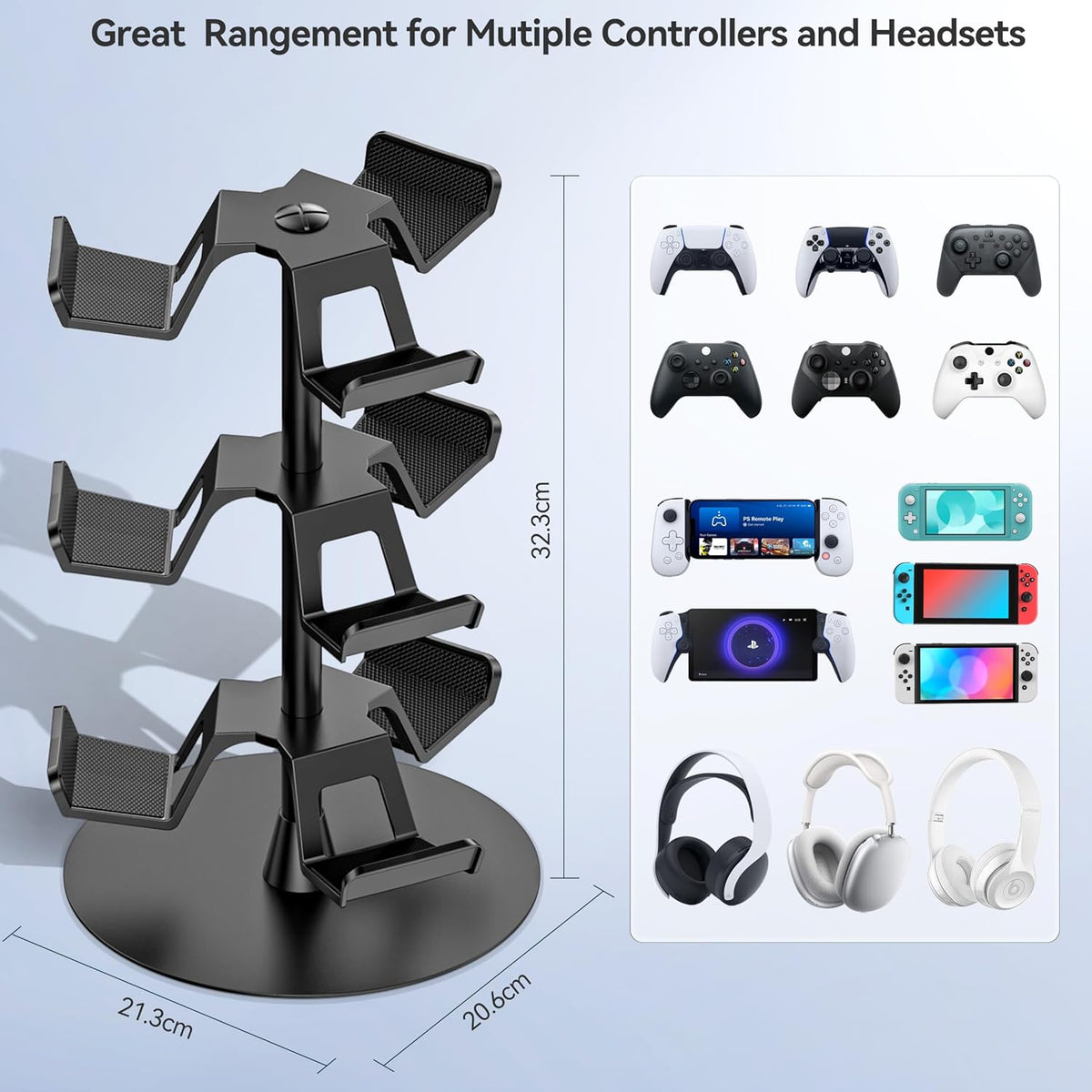 Headset Stand 3 Tiers for Desk, Rotatable Gaming Controller Stand for PS5/PS4/Xbox/Switch2/PS Portal/Phone, Universal PC Gamer Gift Accessory Controller/Headphone Holder for 9 Packs Controller