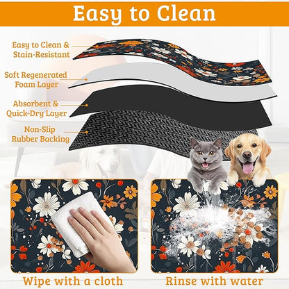 Floral Black Feeding Mat, Absorbent Quick-Dry Cat Dog Food and Water Bowl Mats,Non-Slip Rubber Backing Mat,Cat Dog Accessories Supplies 12" x 20"