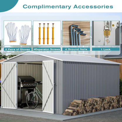 Large Outdoor Storage Shed, 10' X 12' Metal Galvanized Steel Garden Shed with 4 Vents, Utility Tool Shed Storage House for Backyard, Patio, Lawn