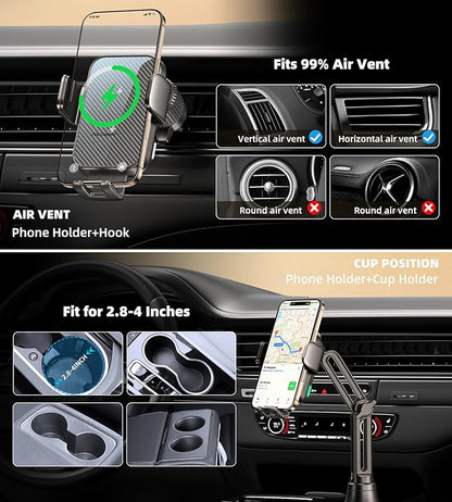 Dual Coil 15W Cup Phone Holder Mount,Wireless Car Charger Auto-Clamping Fast Charging Vent Phone Holders for Your Car for iPhone 17/17Pro/17Pro Max/16/15/14/13,Samsung Flip S25 S24 S23 S22 Ultra