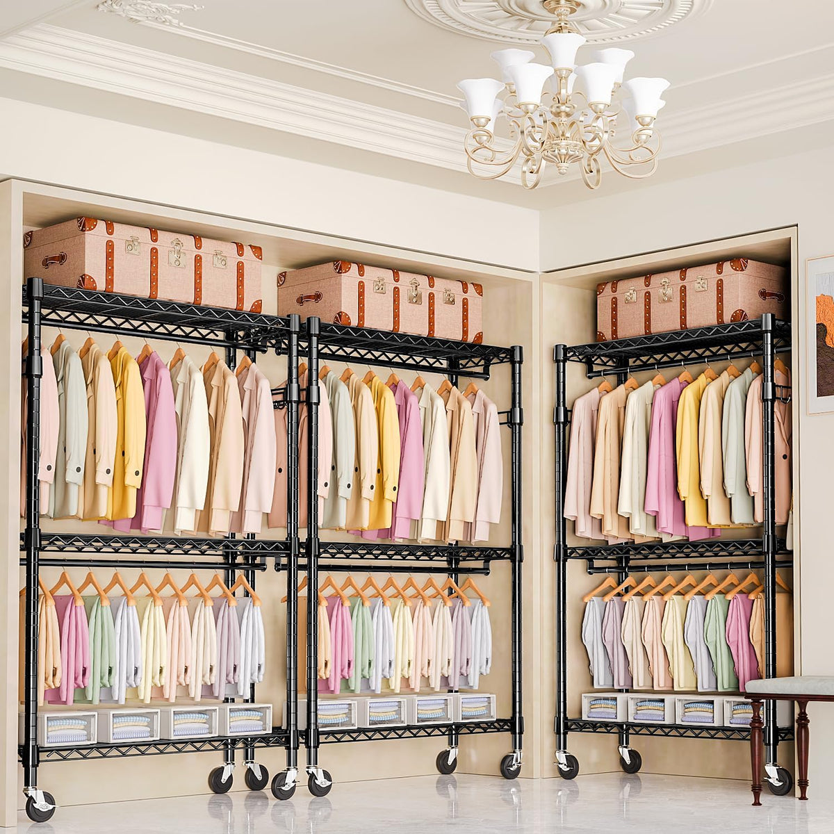 Heavy Duty Rolling Garment Rack 3 Tiers Adjustable Wire Shelving Clothes Rack with 2 Rods and Side Hooks, Storage Closet Clothing Rack with Wheels Black 17.7" D x 47.2" W x 83.6" H