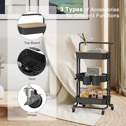 DTK 3 Tier Rolling Cart Uility Cart with Cover Board, Mobile Storage Cart with Wheels, Cups, Hooks for Office Utility Kitchen Bathroom Homeschool Art Craft Postpartum Teacher Cart Organizer(Black)