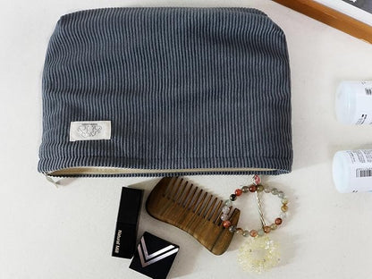 HAPPYHEIDI Dark Gray Corduroy Makeup Bag Cosmetic Toiletry Travel Pouch, Make Up Accessory Purse Organizer, Canvas Lined