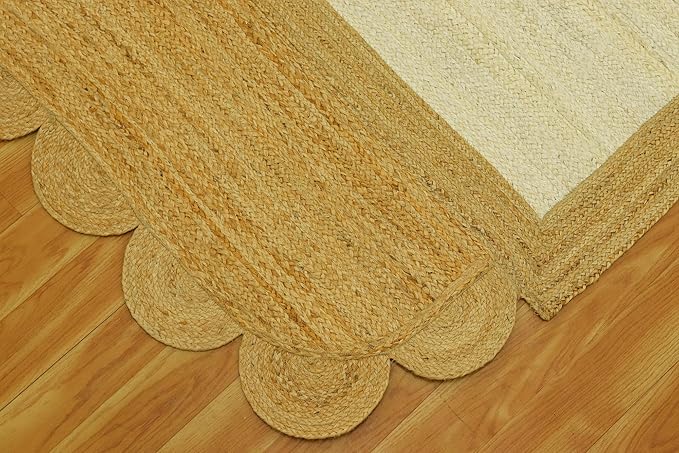 Scalloped Edge Rug, Hand Woven Natural Jute Area Rug, 4x7 Ft Beige & Brown Braided Sisal Kilim Rugs for Living Room, Kitchen, Entryway, Farmhouse