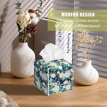 BLYKVGHQ Botanical Leaves Square Tissue Box Cover Watercolor Flowers Tissue Box Holder Facial Cube Paper Dispenser Leather Decorative Organizer Home Office Desk Decor, 5.2"x5.2"x5.2"