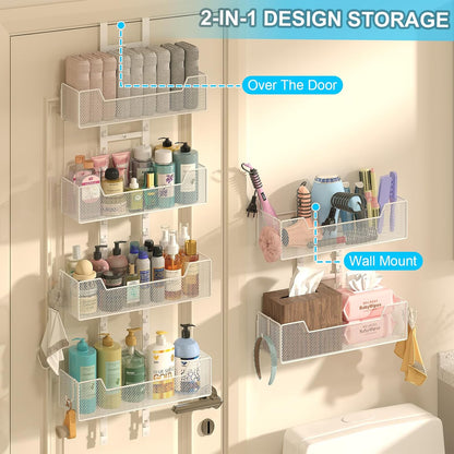 Over The Door Organizer, Metal Hanging Door Organizer with 6 Adjustable Baskets and 5 Hooks, Behind The Door Storage for Closet Pantry Cabinet Kitchen Bathroom Bedroom, White