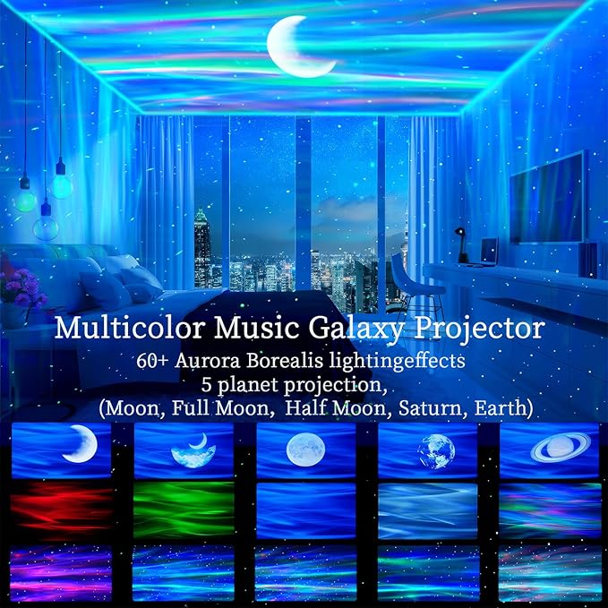 Aurora Northern Lights Projector: 60+ Light Effects White Noise Stars Sky Moon