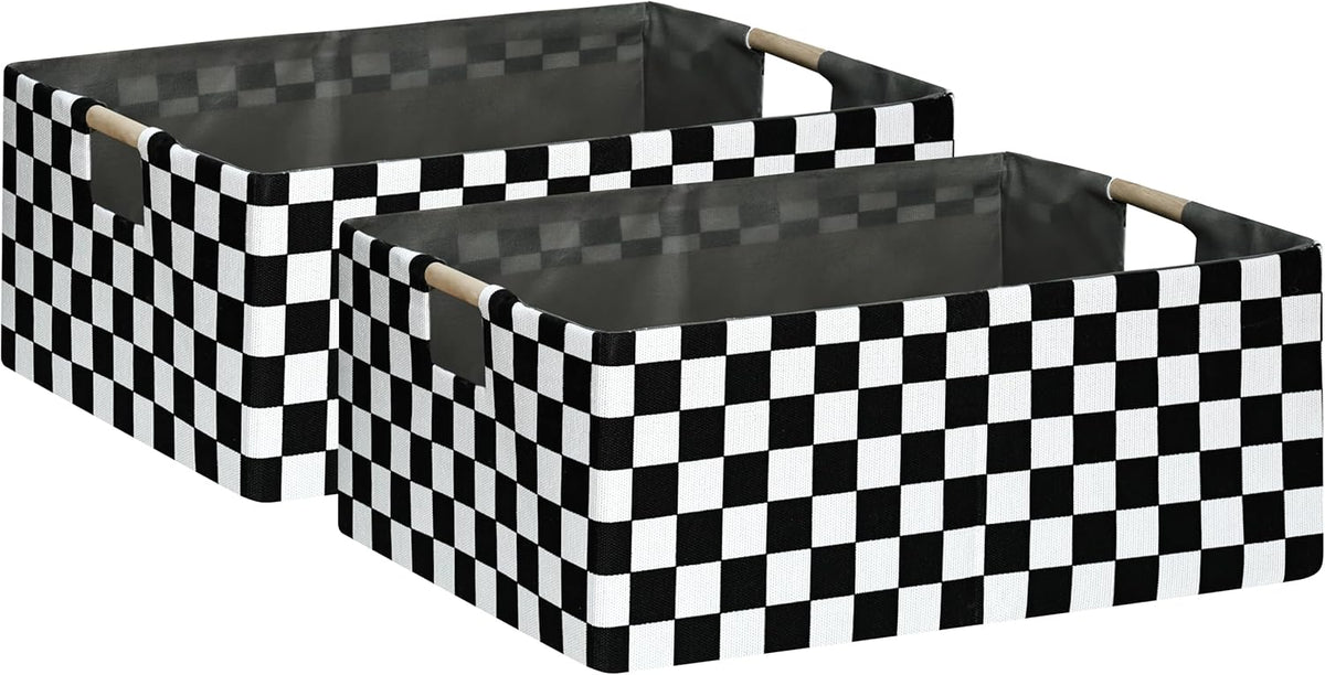 Checkered Storage Basket Foldable Nursey Box | 16.9" Storage Cube for Women Closet Organizer Boys Car Toys Bins with Handles | Sturdy Cardboard & Washable Fabric 2Pack